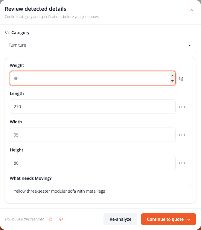 Review detected details, showing category, weight and dimensions filled in